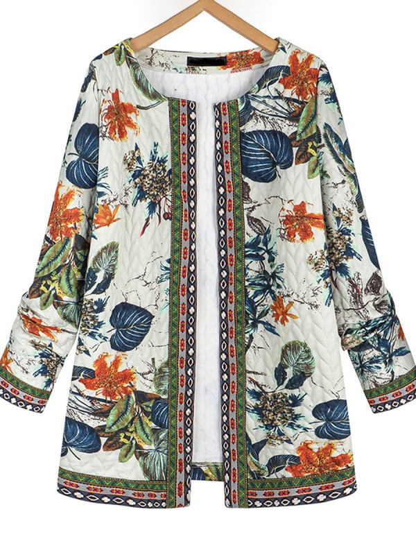 Round Neck Floral Print Casual Loose Cardigan Jacket