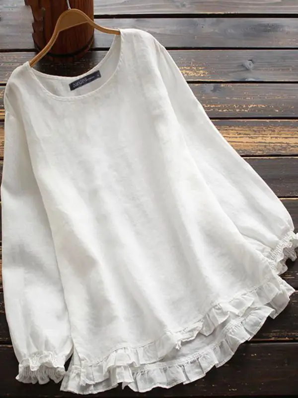 Round Neck Solid Color Loose Casual Long-sleeved Blouse - Ninacloak.com 