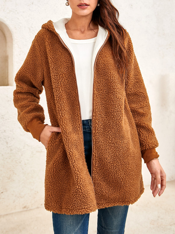Ladies Two-tone Teddy Fur Hooded Coat