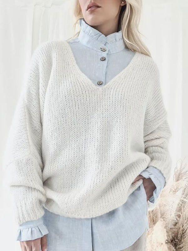 V-neck Solid Color Loose Casual Sweater Pullover