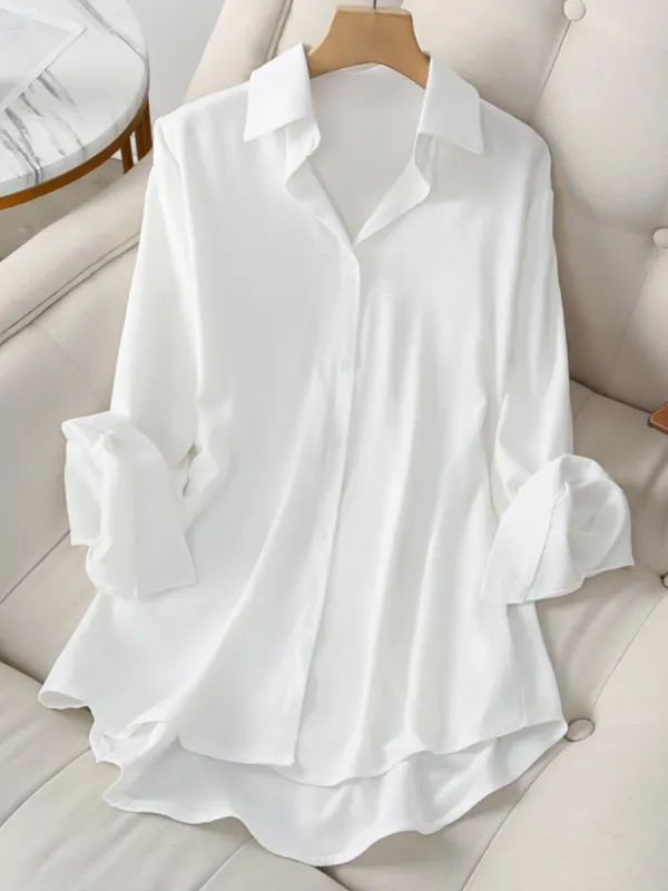 Lapel Single-breasted Solid Color Long-sleeved Blouse - Ninacloak.com 