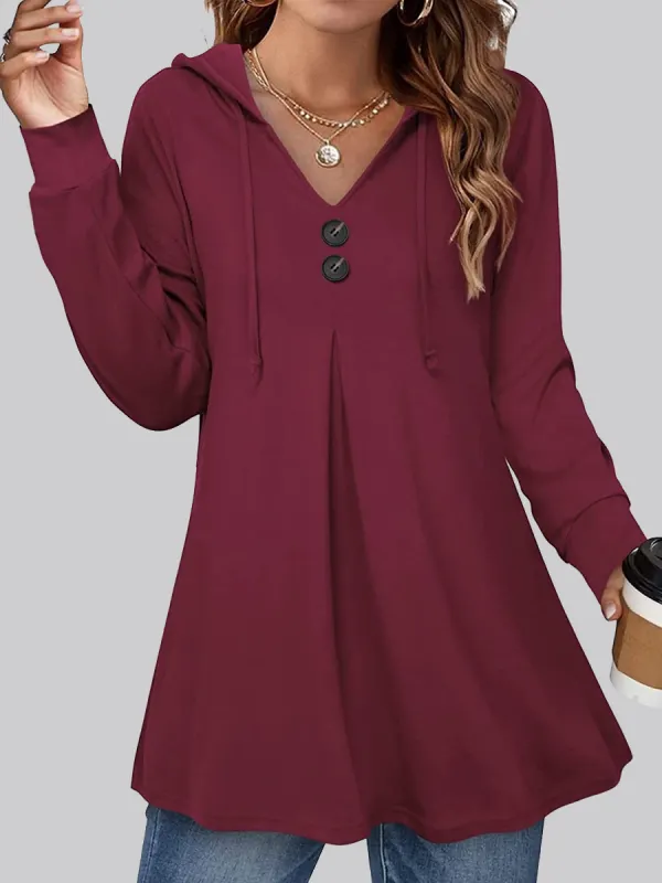 Casual Solid Color Button V-Neck Long-Sleeved Hooded Sweatshirt - Ninacloak.com 