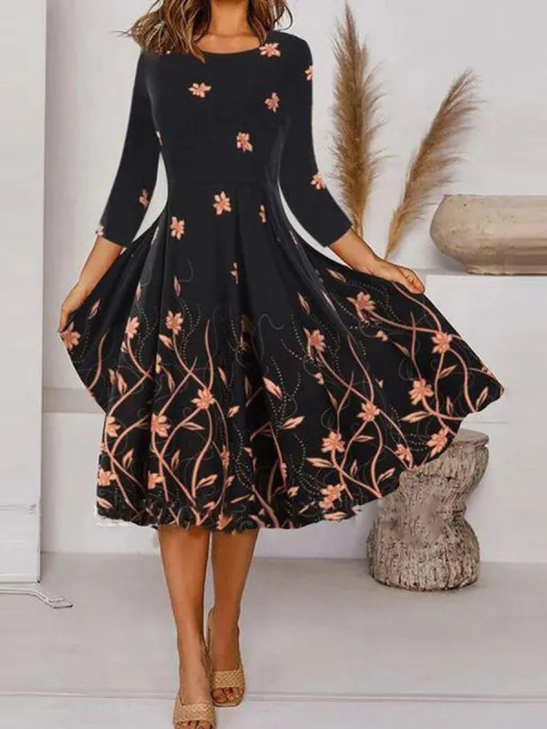 Fashion Print Crew Neck 3/4 Sleeve Dress - Oasisjoy.com 