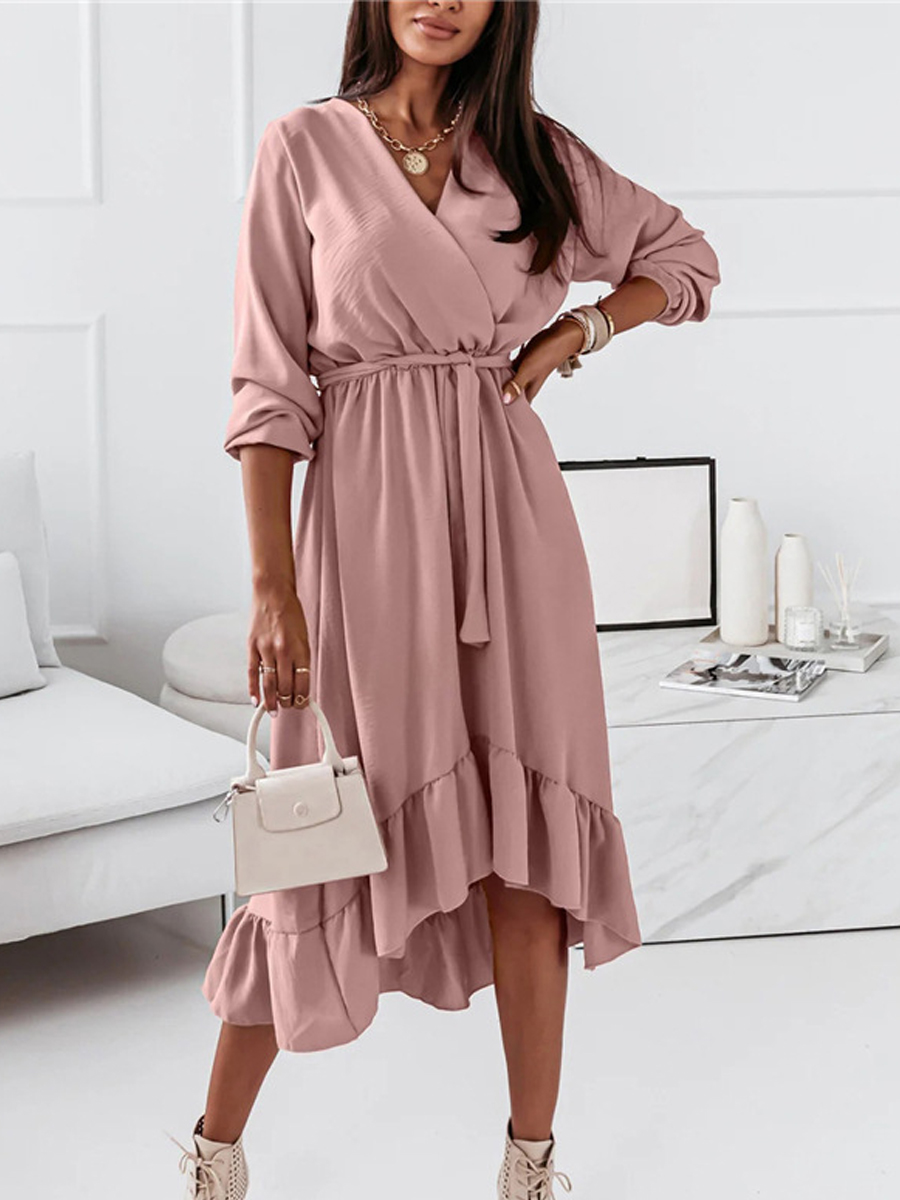 Fashion Solid Color Ruffle Long Sleeve Dress