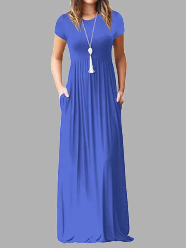 Casual Solid Color Pocket Short Sleeve Maxi Dress