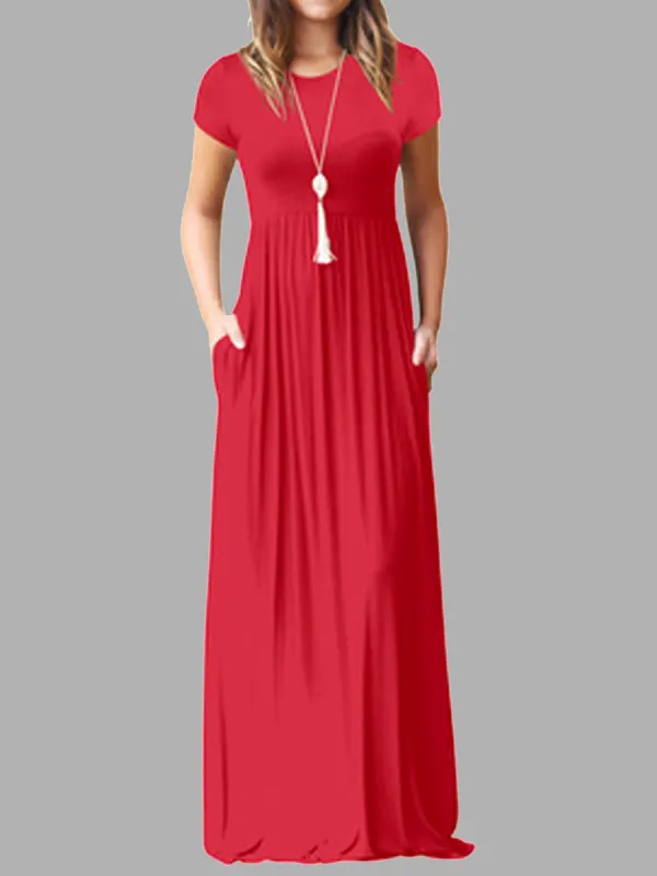 Casual Solid Color Pocket Short Sleeve Maxi Dress - Ninacloak.com 