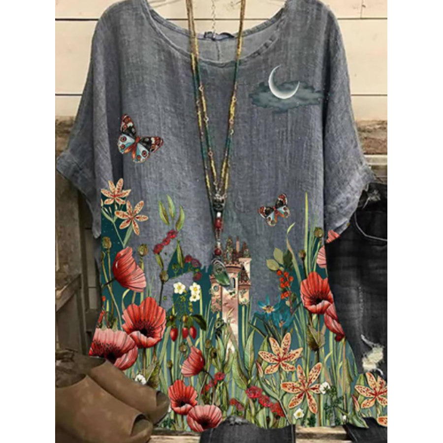 

Round Neck Floral Print Casual Loose Short Sleeve Blouse