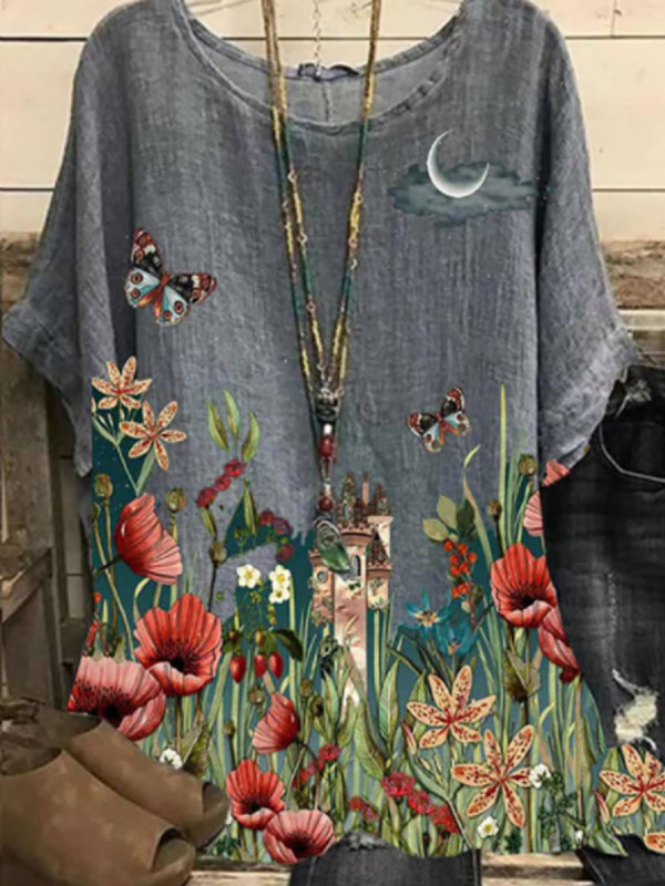 Round Neck Floral Print Casual Loose Short Sleeve Blouse