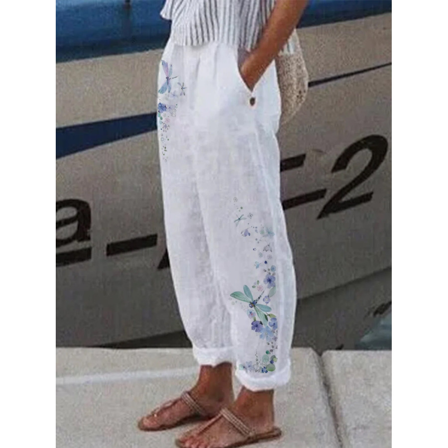 

Loose Cotton And Linen Dragonfly Print Pants