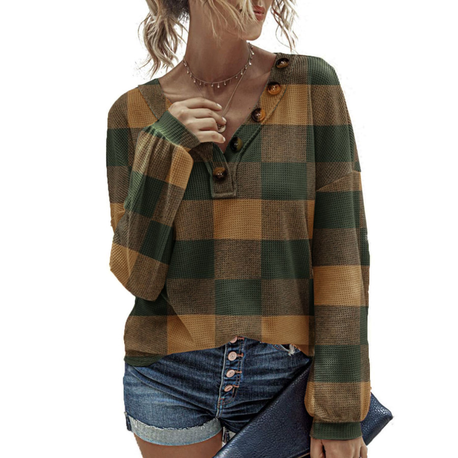 

Women's Retro Checkerboard Plaid Henley Button Long Sleeve Shirt