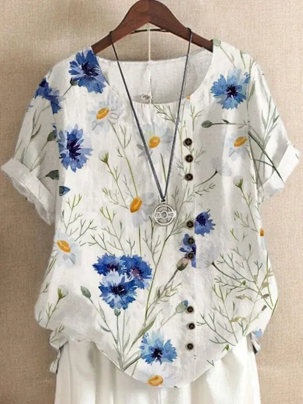 Cotton Daisy Print Short Sleeve Shirt - Funluc.com 