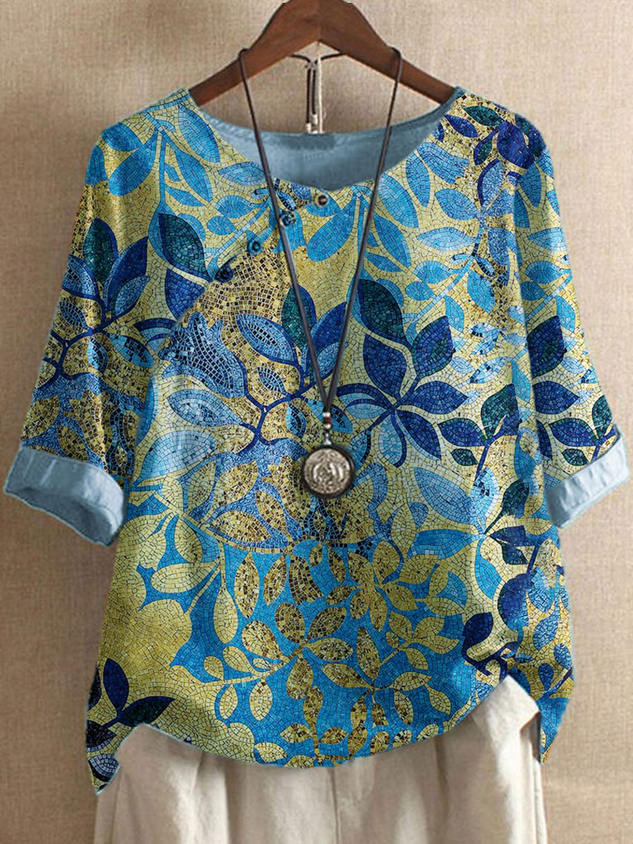 Round Neck Bronzing Leaf Print Casual Blouse
