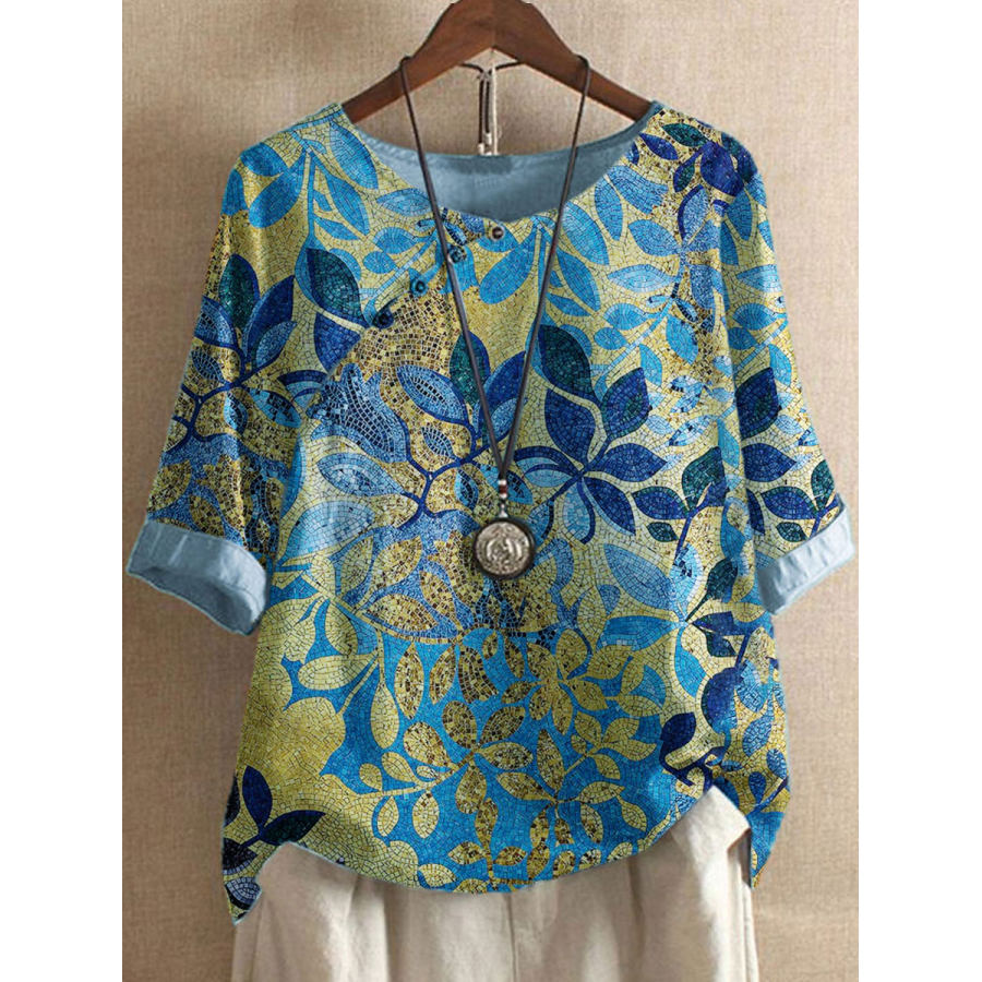 

Round Neck Bronzing Leaf Print Casual Blouse