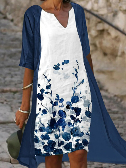 Loose Printed Short Sleeve Two Piece Dress