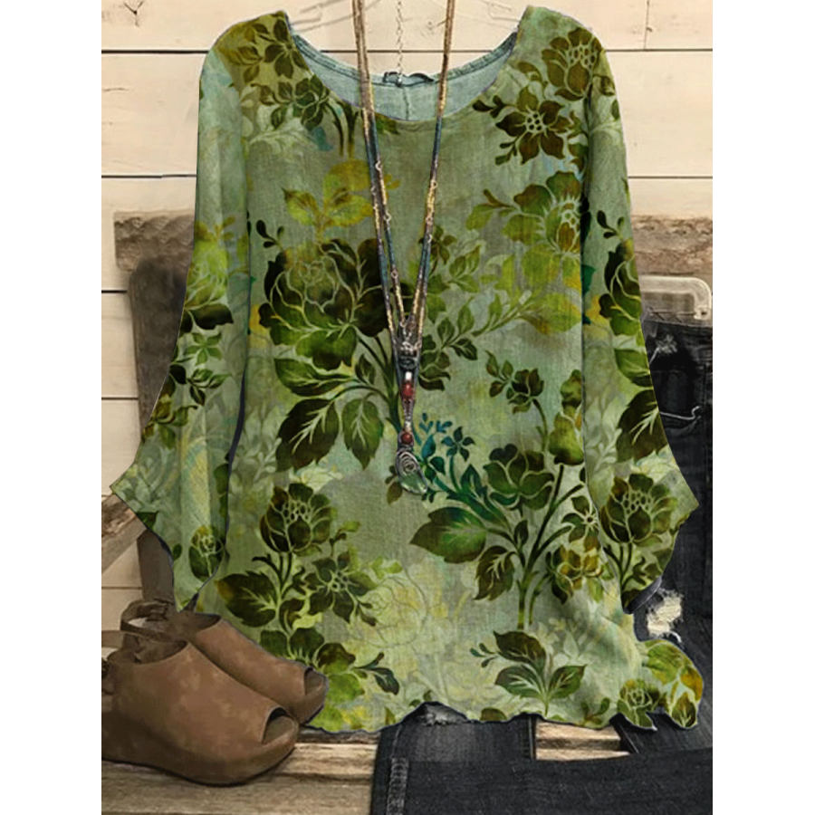 

Round Neck Casual Loose Bronze Floral Print Long Sleeve Blouse