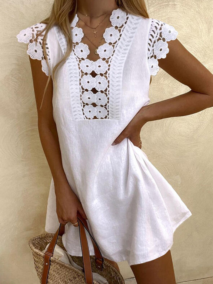 Solid Lace Short Sleeves Shift Above Knee Casual Dress
