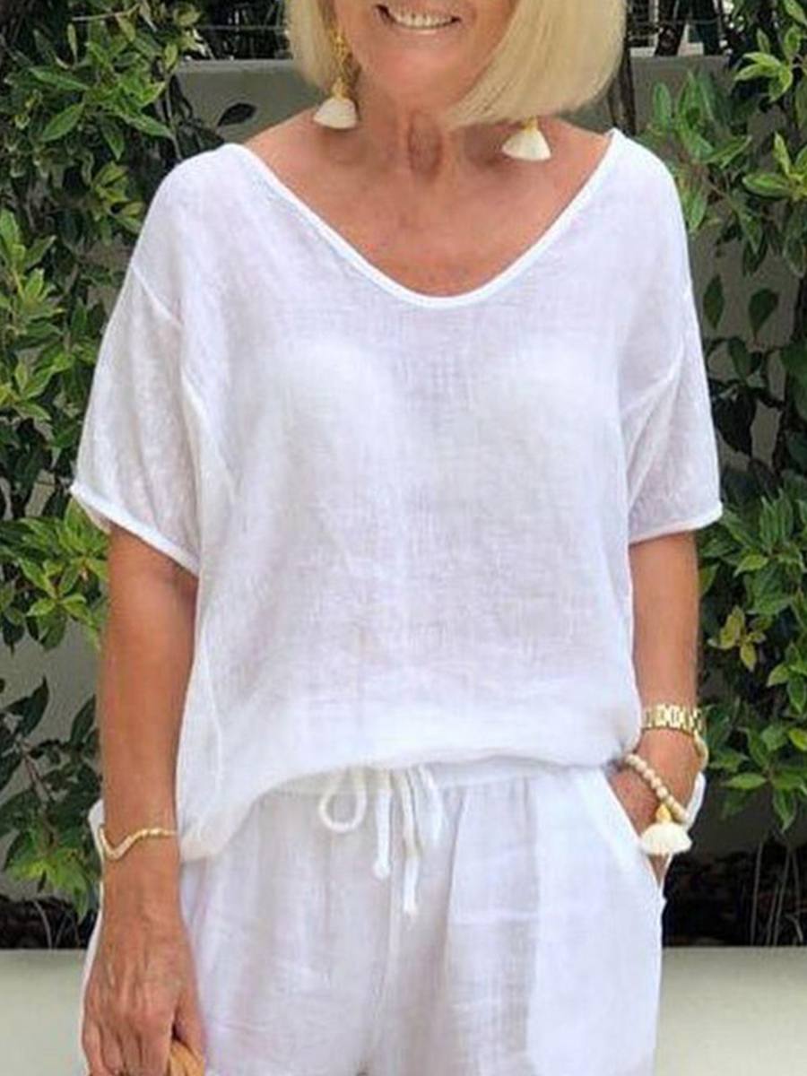 Solid Color V Neck Loose Casual Cotton And Linen T Shirt
