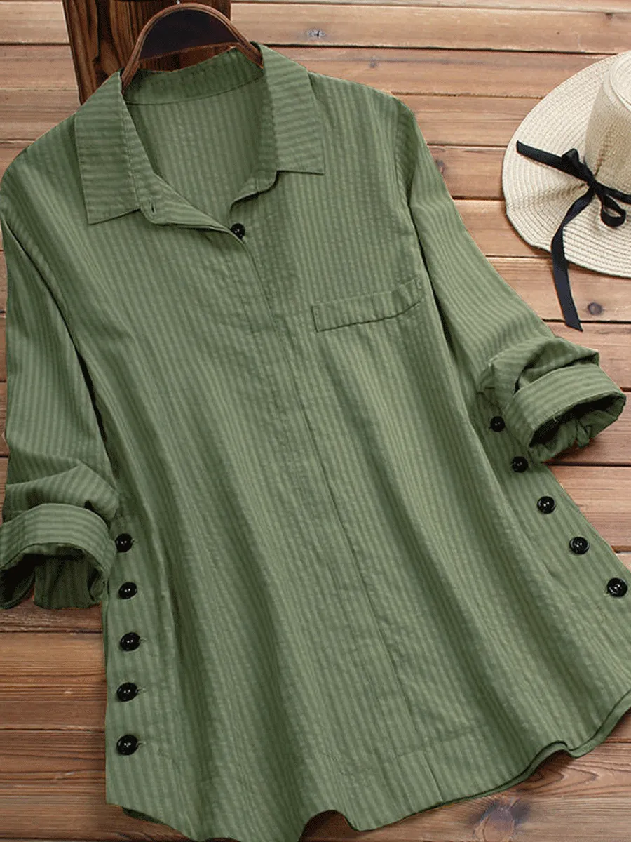Women's Button Cotton And Linen Pocket Striped Long-sleeved Long Shirt - Ninacloak.com 
