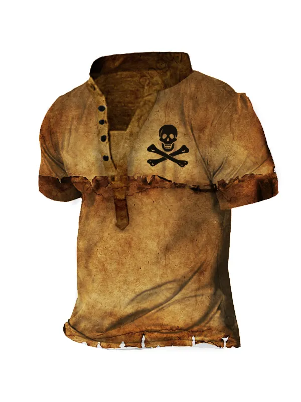 Pirate Skull Men's Vintage Print Henley Short Sleeve T-Shirt - Ninacloak.com 