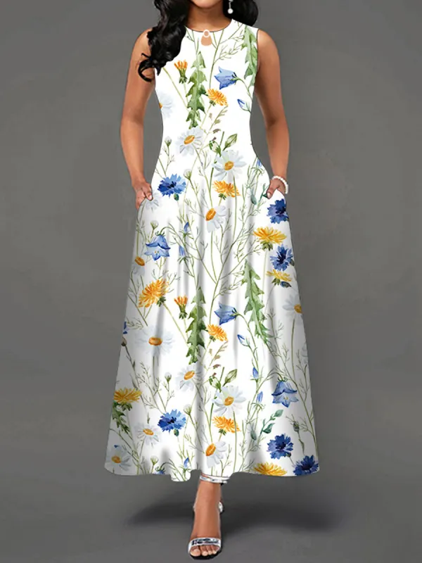 Casual Floral Print Crew Neck Sleeveless Maxi Dress - Ninacloak.com 