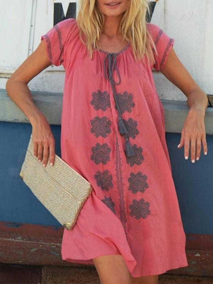 Fashion V Neck Print Loose Tie Short Sleeved Dress