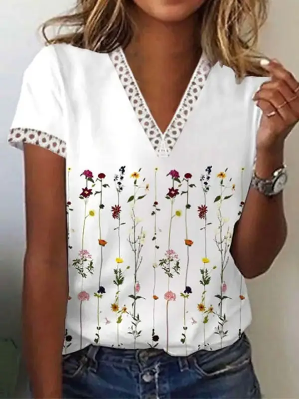 V-neck Cutout Loose Casual Floral Print Short Sleeve T-shirt - Ninacloak.com 