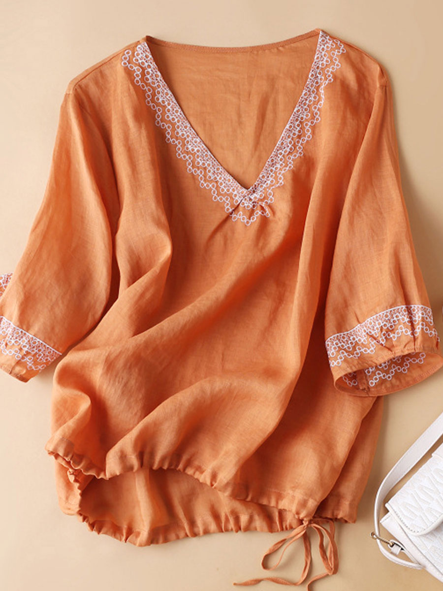 V neck Embroidered Casual Loose Sunscreen Long Sleeve Blouse