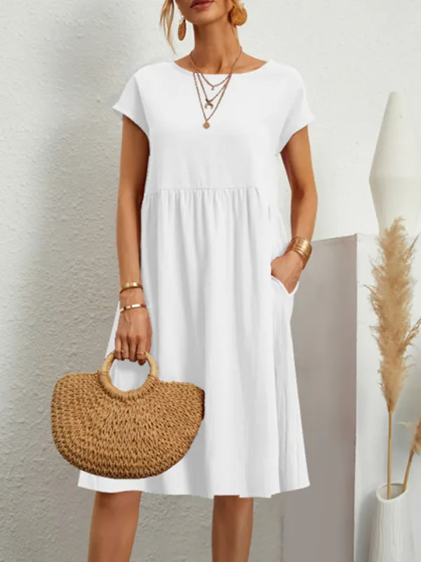 Summer Cotton And Linen Solid Color Round Neck Dress - Ninacloak.com 