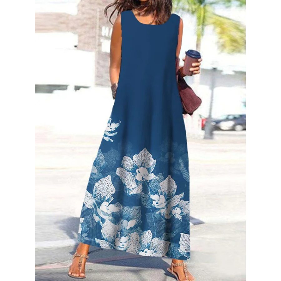 

Round Neck Relaxed Loose Floral Print Resort Sleeveless Maxi Dress