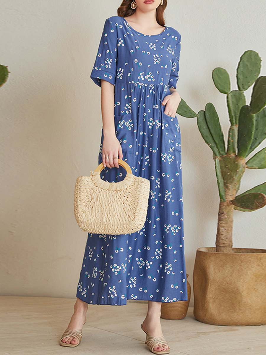Floral Print Loosen Pocket Chiffon Dress