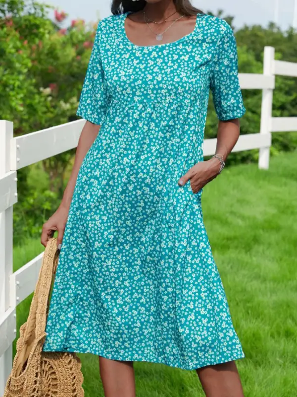 Round Neck Casual Loose Floral Print Resort Short Sleeve Midi Dress - Ninacloak.com 