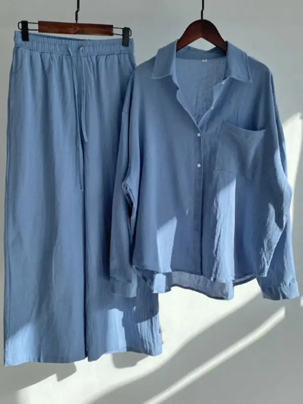 Casual Loose Solid Color Trousers Shirt Sunscreen Suit - Ninacloak.com 