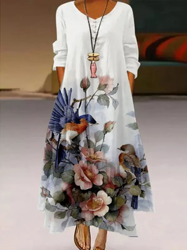 Round Neck Casual Loose Floral Print Long Sleeve Maxi Dress - Ninacloak.com 