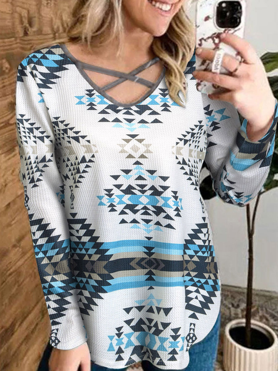 V neck Casual Loose Geometric Print Long Sleeve T shirt