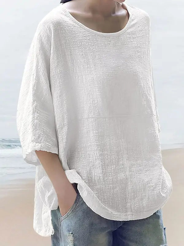 Round Neck Casual Loose Solid Color Mid-sleeve Blouse - Ninacloak.com 