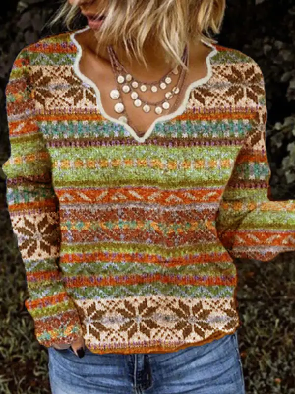 V-neck Casual Loose Vintage Geometric Sweater Pullover - Ninacloak.com 
