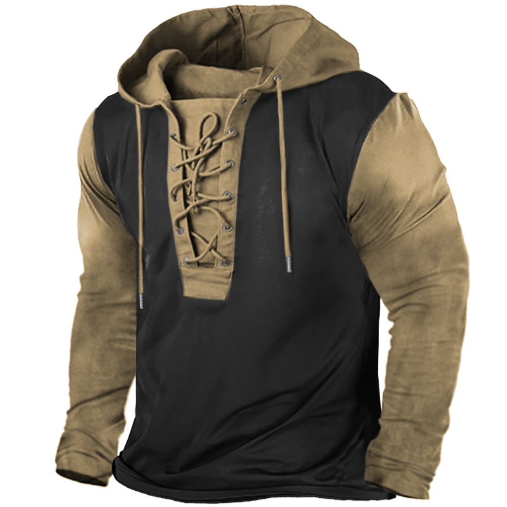 Men's Outdoor Vintage Colorblock Lace-Up Hooded Long Sleeve T-Shirt