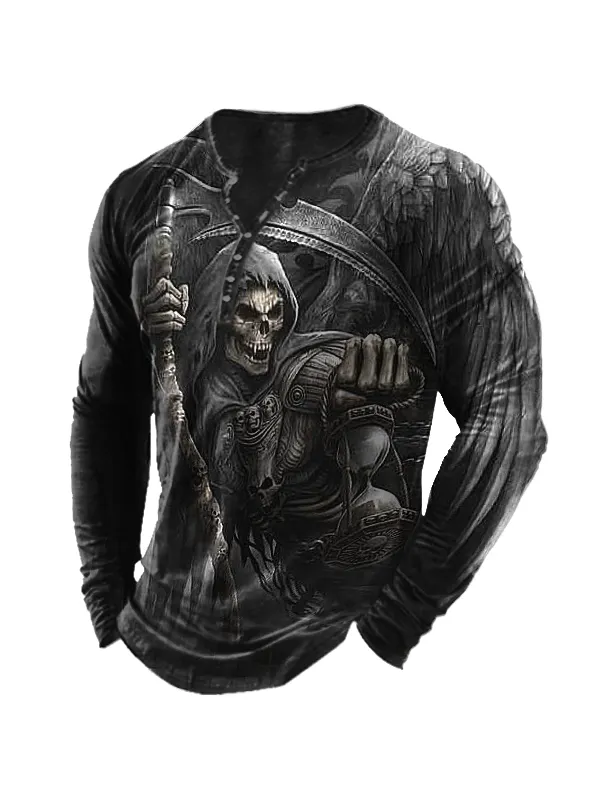 Men's Vintage Dark Skull Print Halloween Henley Collar Long Sleeves T-shirt - Ninacloak.com 