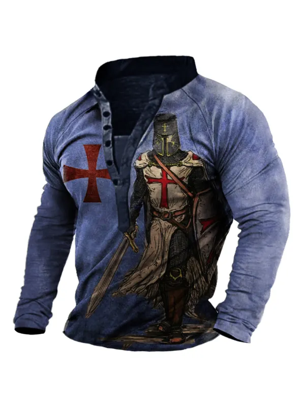Men's Vintage Templar Cross Long Sleeve Henley T-Shirt - Ninacloak.com 