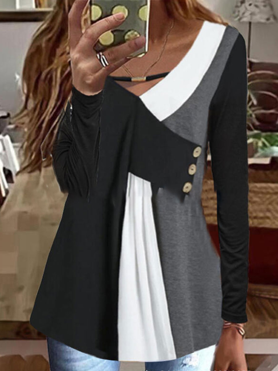 V neck Casual Loose Color blocked Long sleeve T shirt