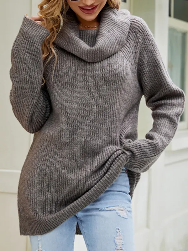 Loose Casual Solid Color Swing Collar Long Sleeve Sweater - Ninacloak.com 
