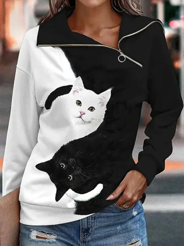 Casual Cat Print Zip Long Sleeve Sweatshirt - Ninacloak.com 