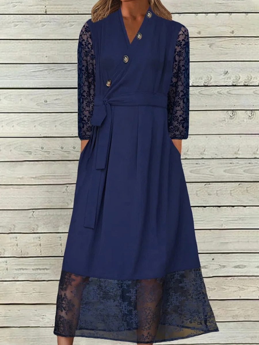 Fashion Lace Panel Button V Neck Tie Party Midi Dress