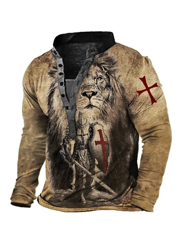 Men's Vintage Templar Lion Print Henley Long Sleeve T-Shirt - Ninacloak.com 