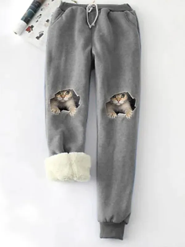 Casual Cat Print Plush Track Pants - Ninacloak.com 