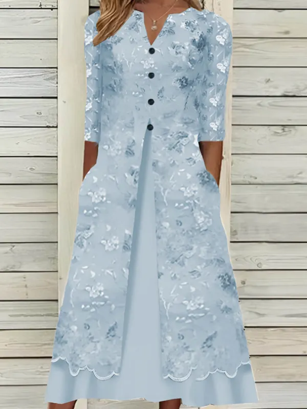 Casual Vintage Floral Print VNeck Long Sleeve Midi Dress