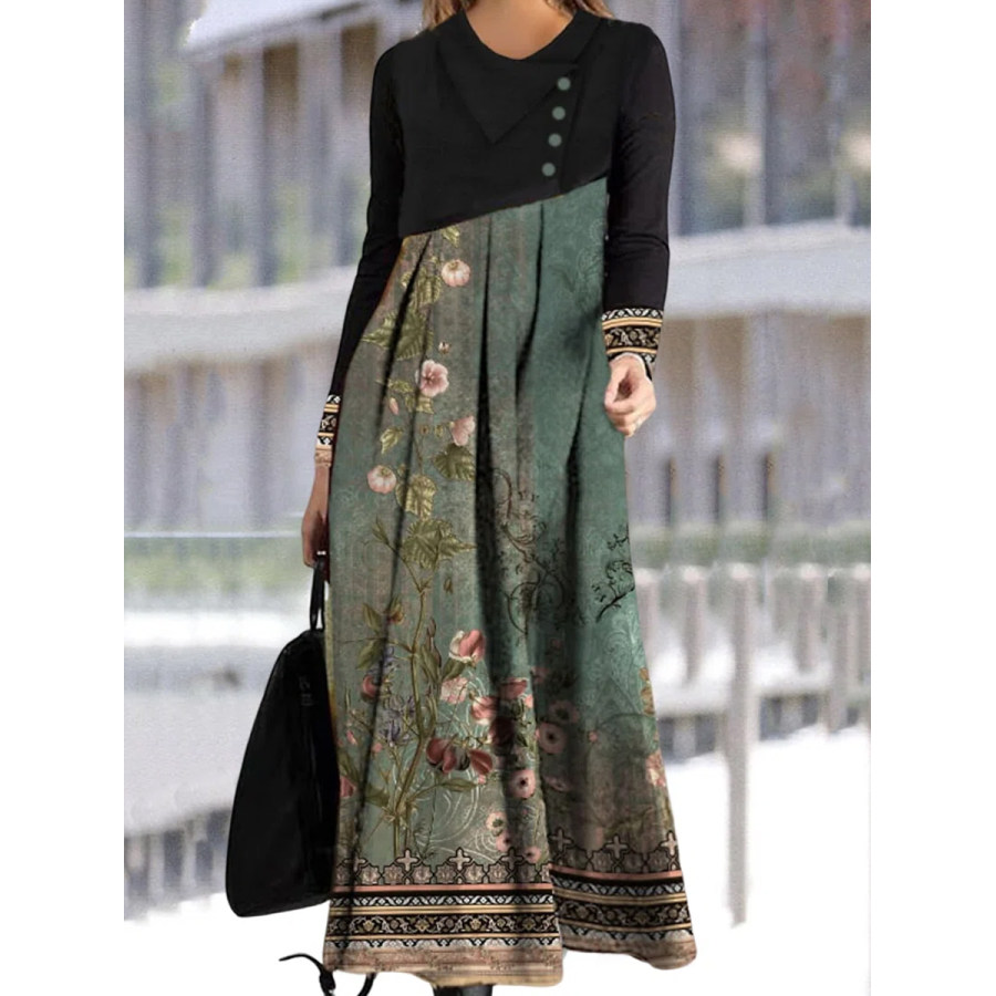 

Vintage Casual Print Long Sleeve Maxi Dress