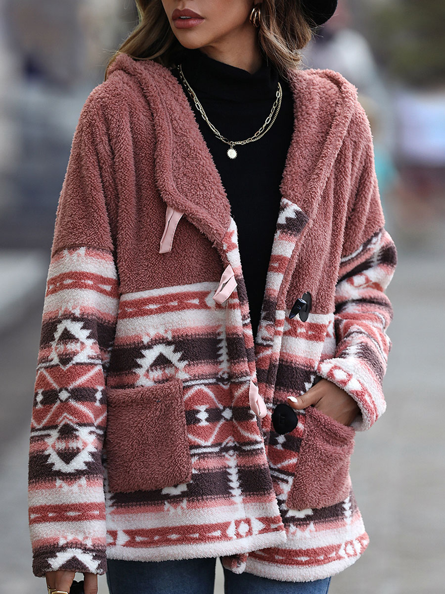 Casual Loose Vintage Geometric Chic Hooded Sherpa Coat