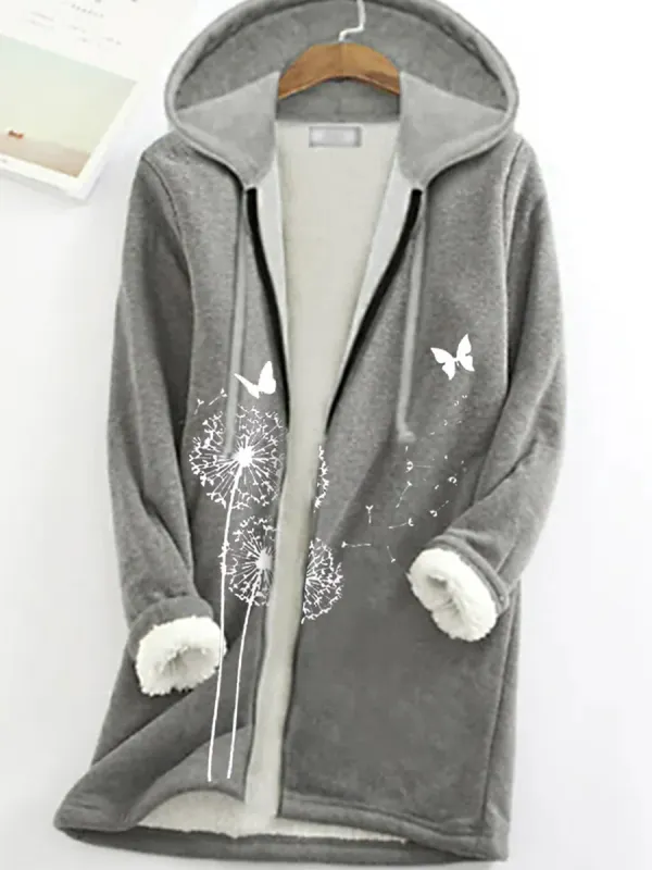 Casual Dandelion Print Plush Thermal Hooded Long Sleeve Jacket