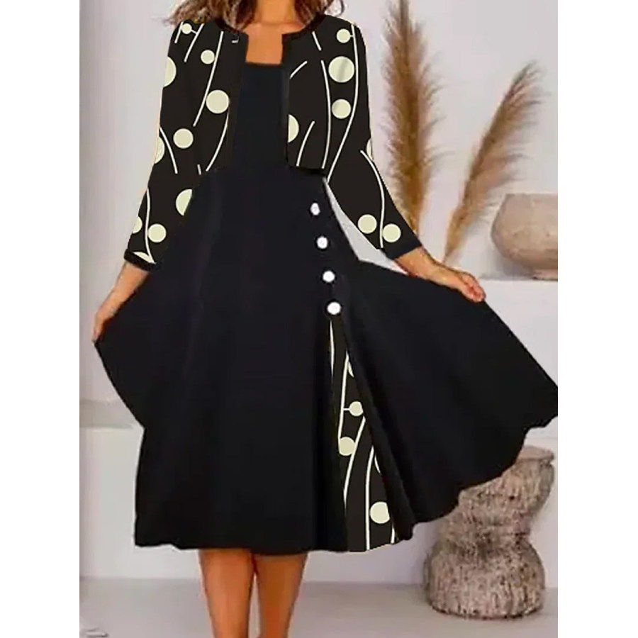 

Vintage Casual Print Crew Neck Long Sleeve Midi Dress